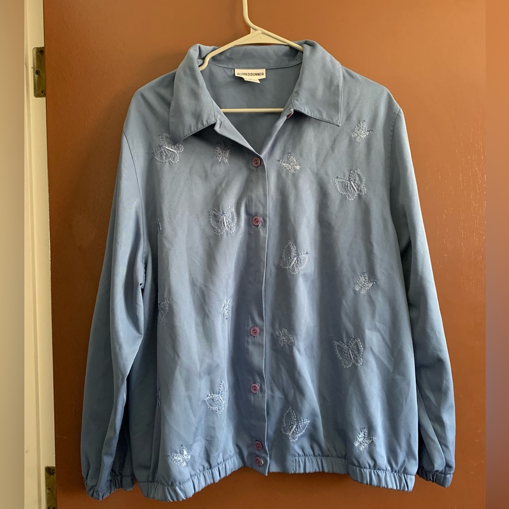 Alfred Dunner Light Blue Embroidered Butterflies Shirt 16W